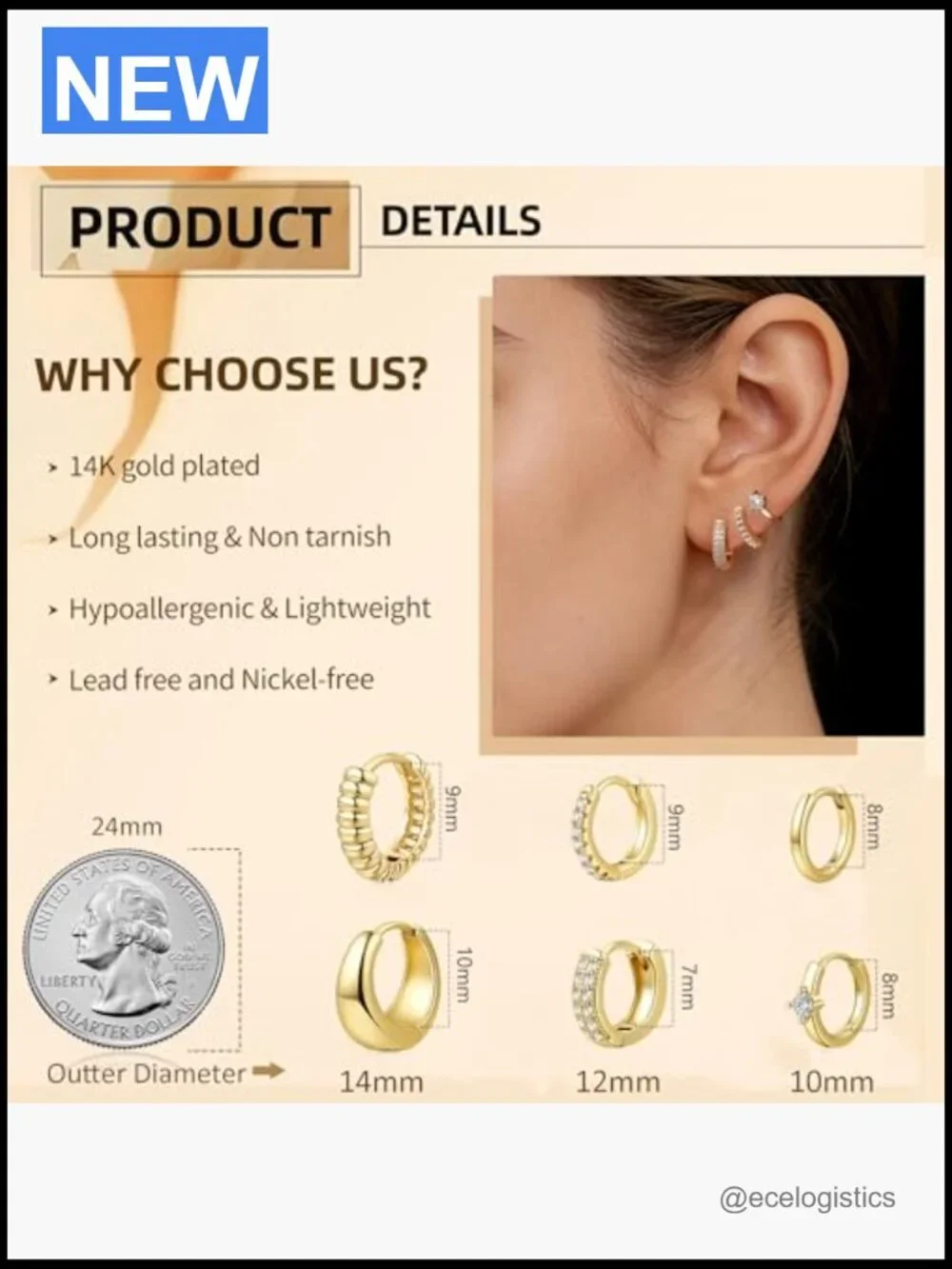 6 Pair 14K Gold Plated Hoop Earrings Set Huggie Earrings Hypoallergenic